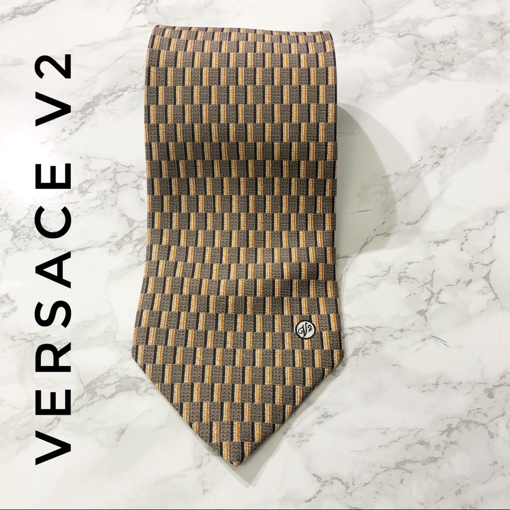Versace V2 Grey Orange Checkered Silk Tie GUC